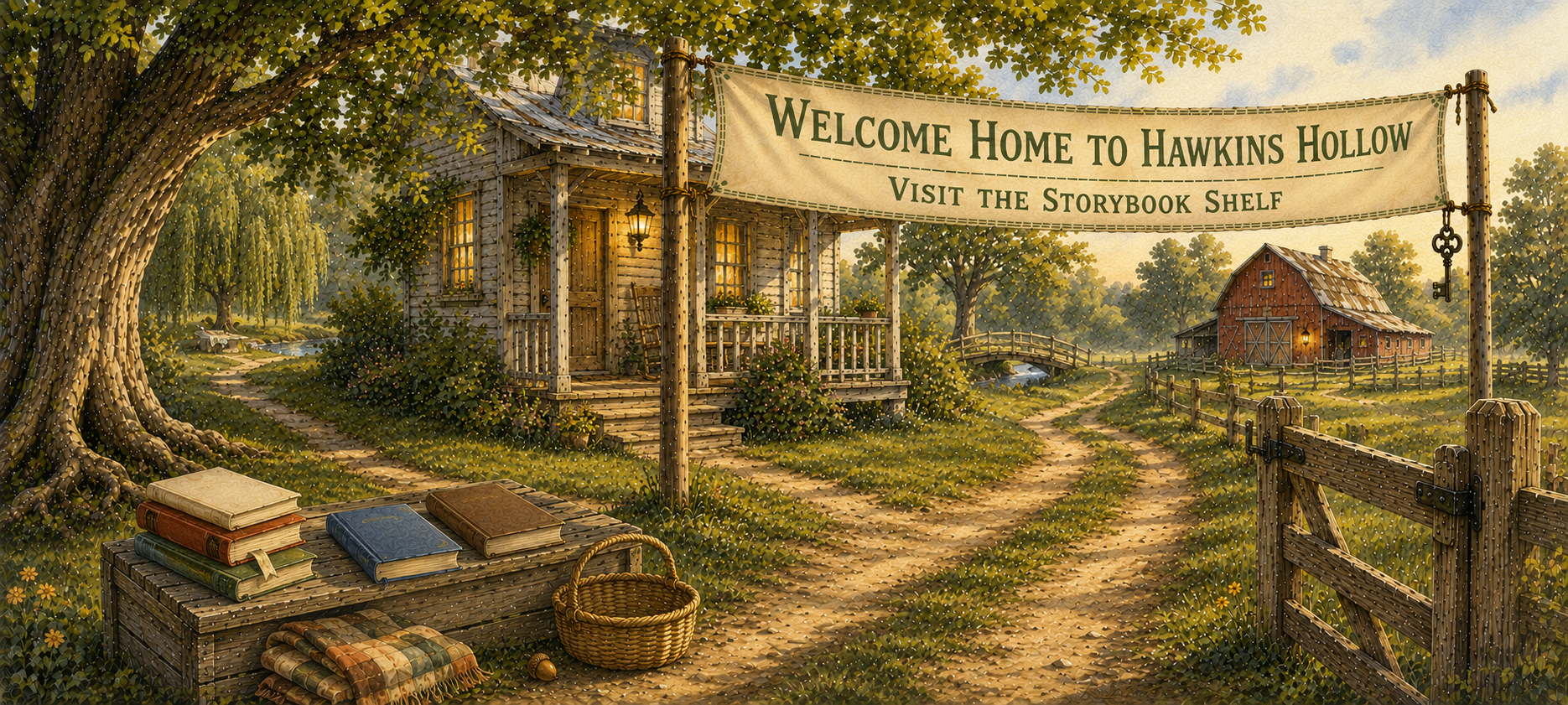 Storybook Shelf banner showing the shelves and storybook charm of Hawkins Hollow.